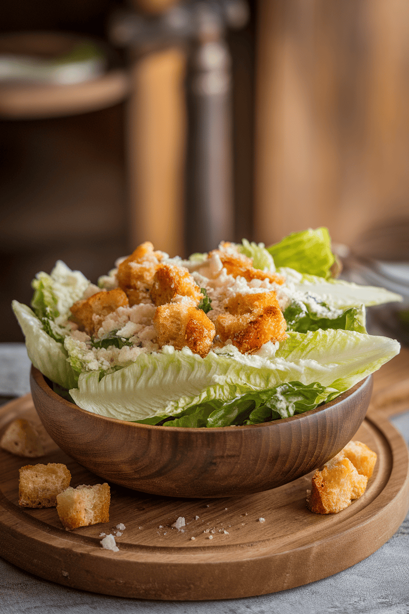 An indoor salad bowl loaded with romaine leaves, crunchy croutons, grated Parmesan, and creamy Caesar dressing lightly coating everything. No text or logos; photo only.