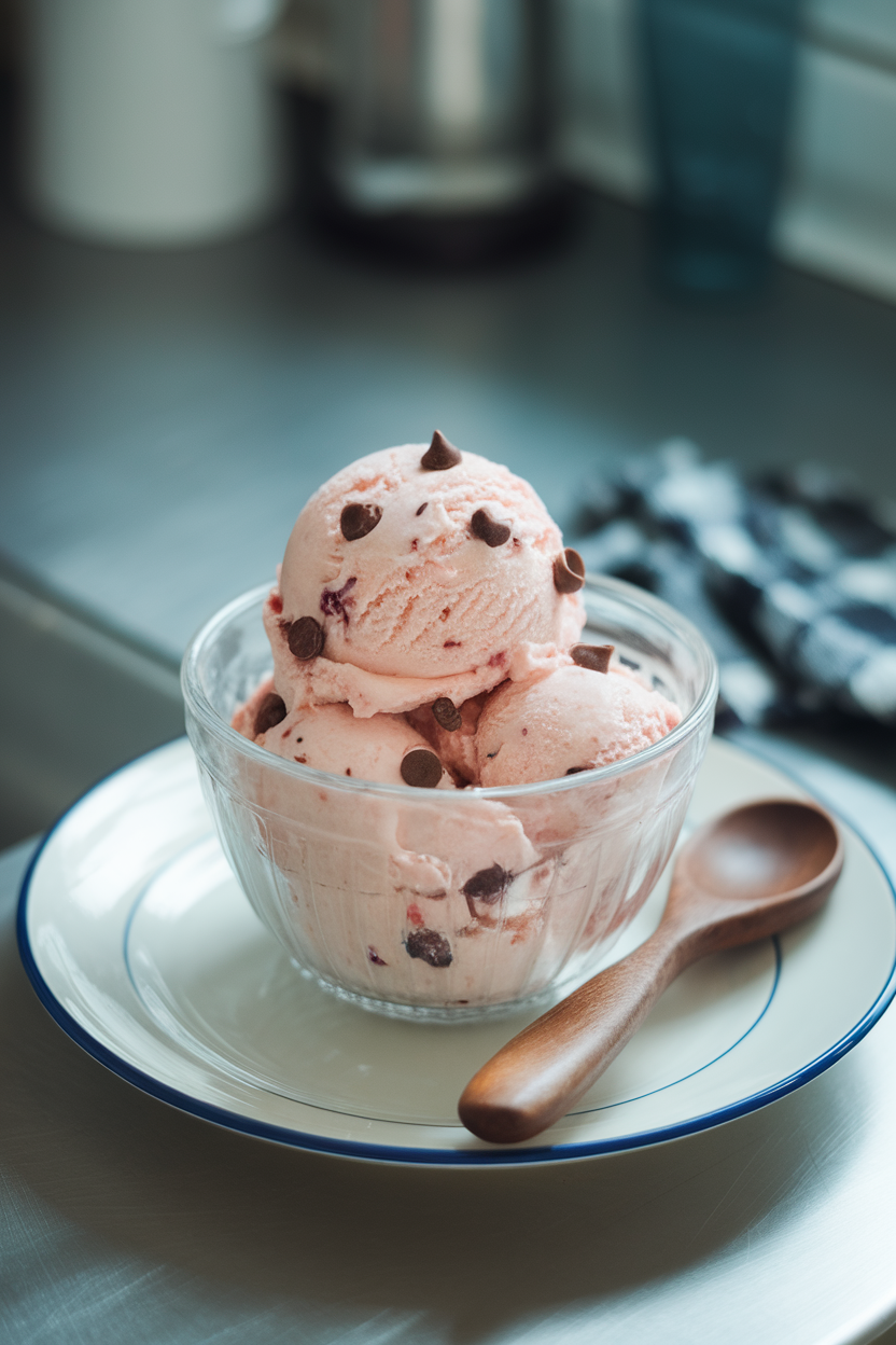 Indoor bowl of pale pink cherry ice cream studded with chocolate chips, soft focus countertop background. No text or logos.
