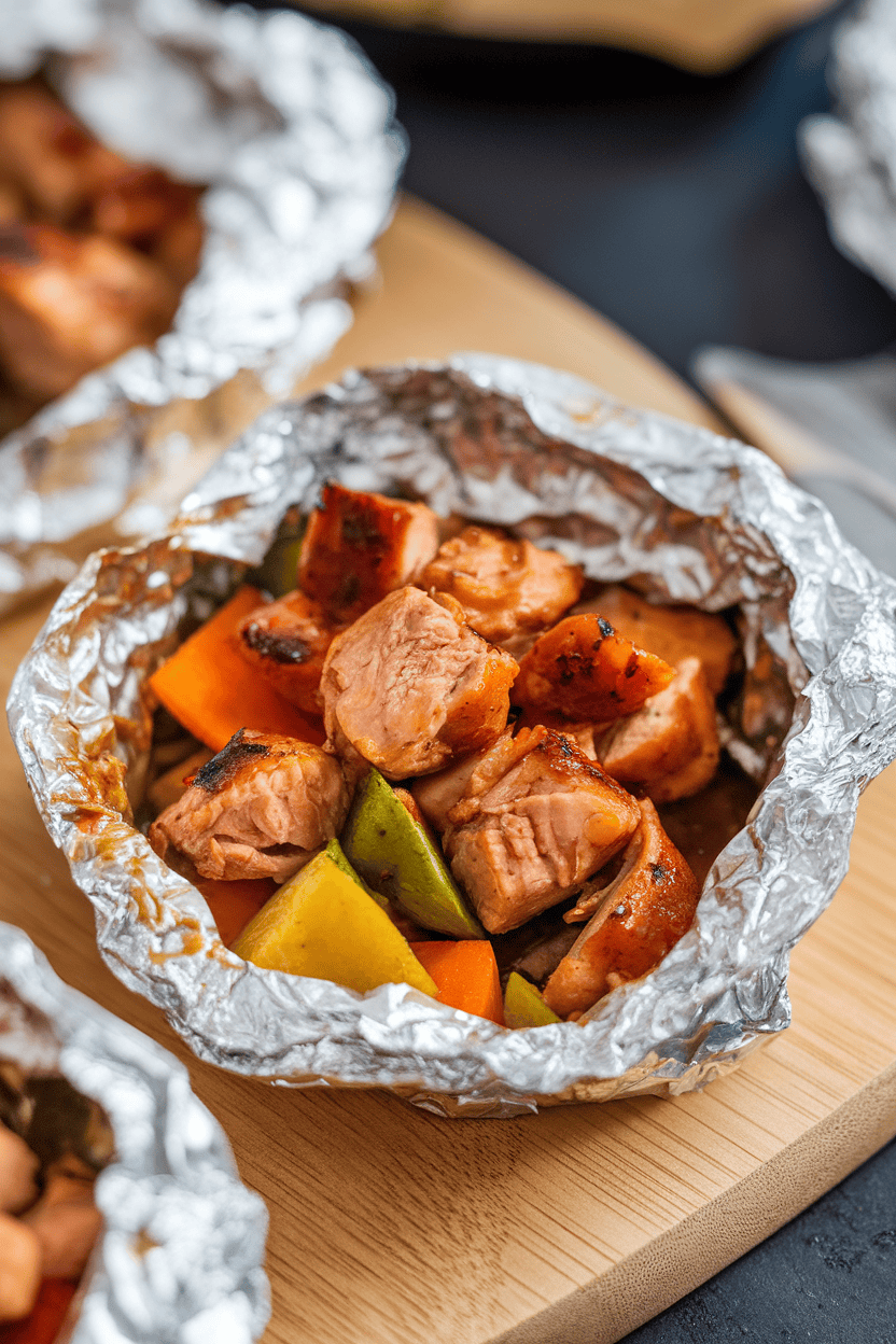 Indoor photo of diced barbecue chicken and vegetables inside an opened foil packet, sauce glistening; no text or logos in scene.