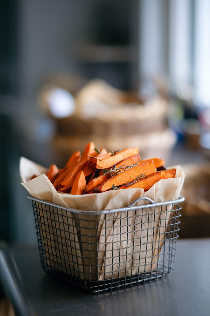 Indoor photo of a metal basket lined with paper, piled high with roasted sweet potato fries sprinkled with flecks of sage, on a countertop; no text or logos.