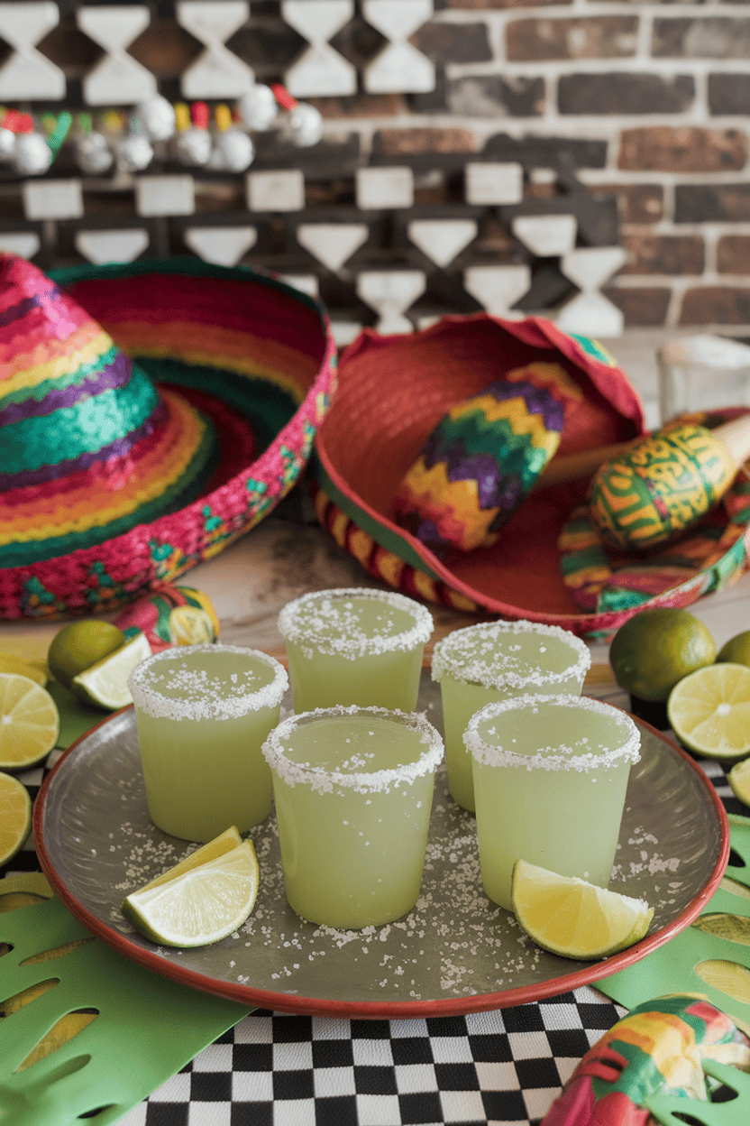 An indoor fiesta-style table showing pale green margarita jello shots sprinkled with coarse salt, lime wedges on the side, no branding visible