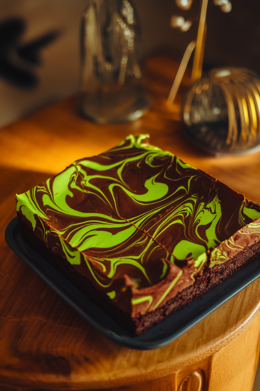 Indoor photo of a wooden table topped with fudge brownies marbled with neon green cheesecake batter, creating eerie swirl patterns; warm lighting and no visible text or logos