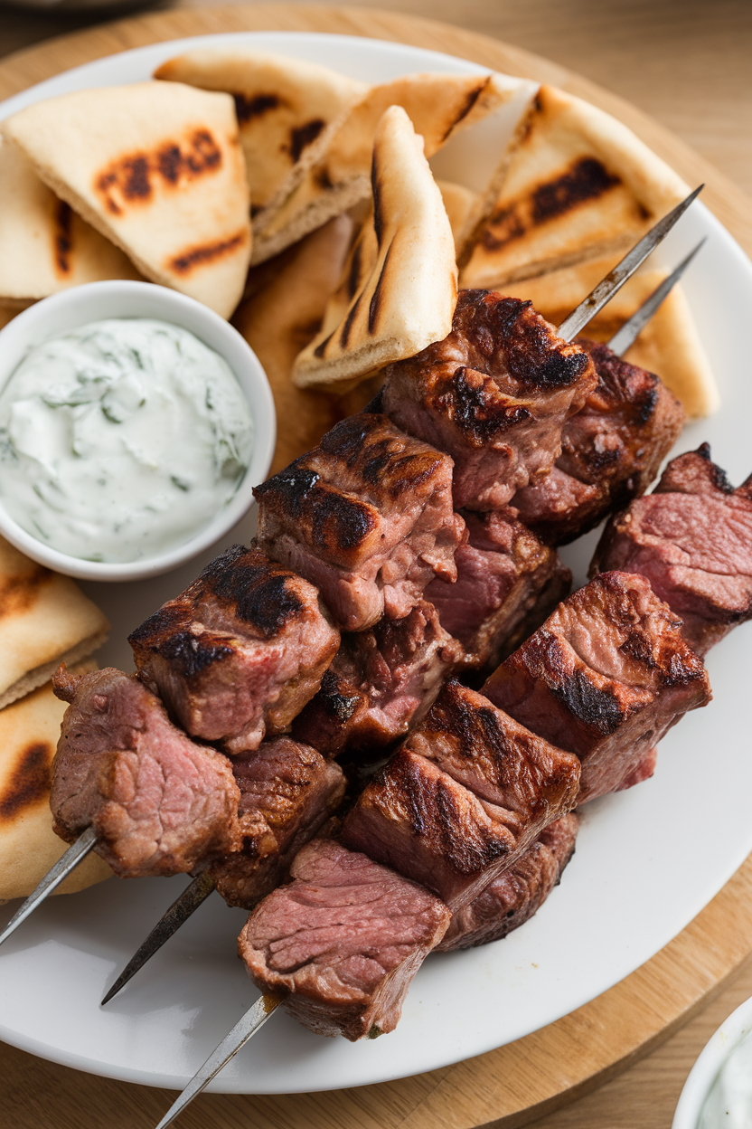 Indoor photo of skewered, grilled lamb cubes on a platter with pita wedges and tzatziki, no text or logos. Photograph, not illustration.