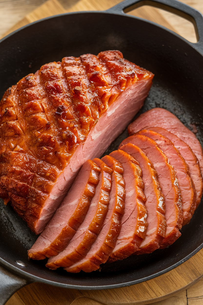 An indoor skillet with a browned ham steak coated in shiny ginger glaze, slices fanned out, no text or logos. Photo.</Prompt