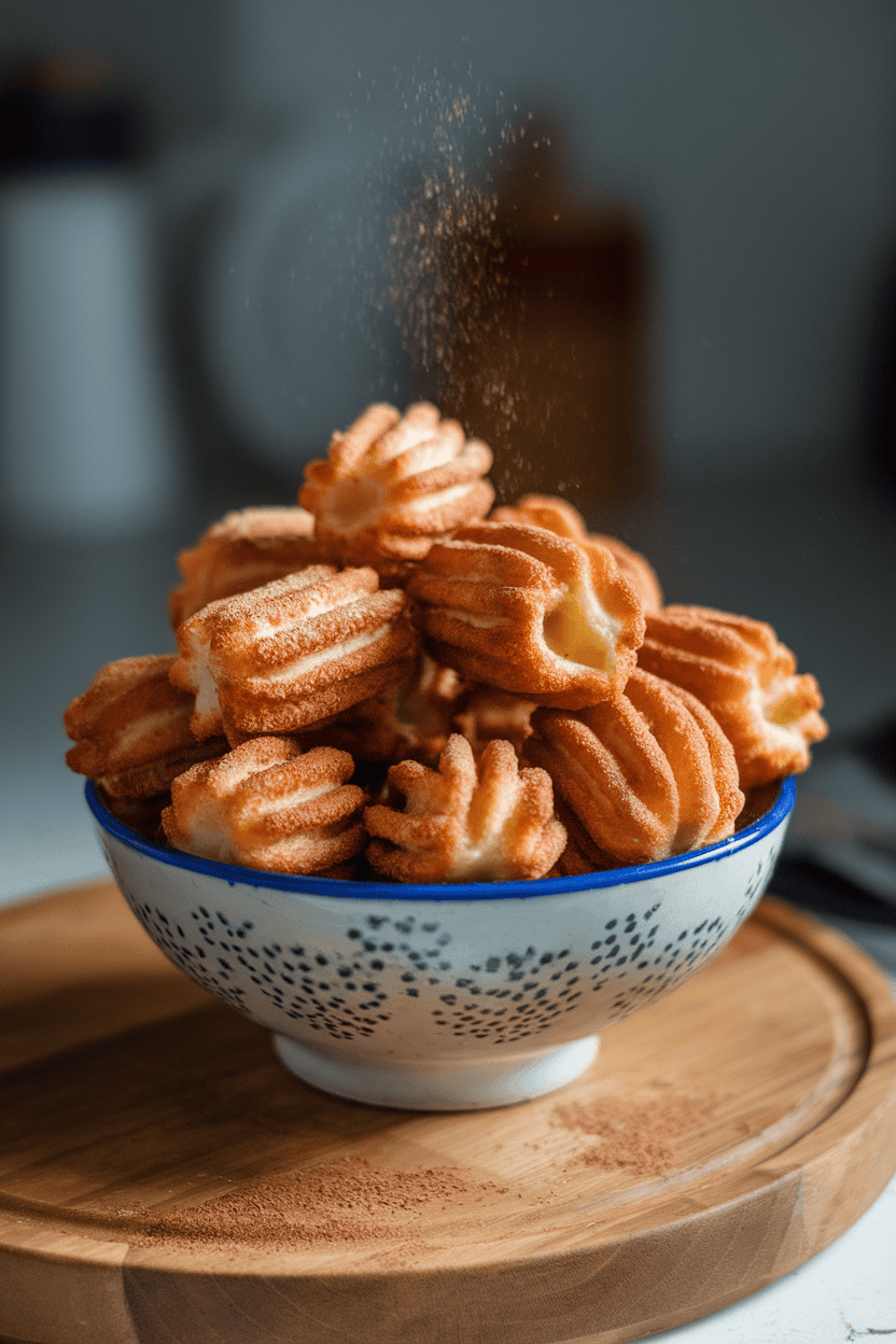 Indoor photo of bite-size churros rolled in cinnamon sugar piled in a serving bowl, no text or logos