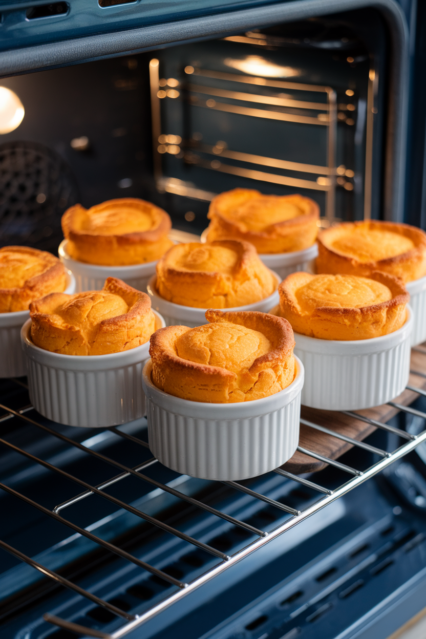 An indoor oven rack partially pulled out showing six ramekins with puffed, golden sweet potato soufflés risen above the rim. No text or logos.