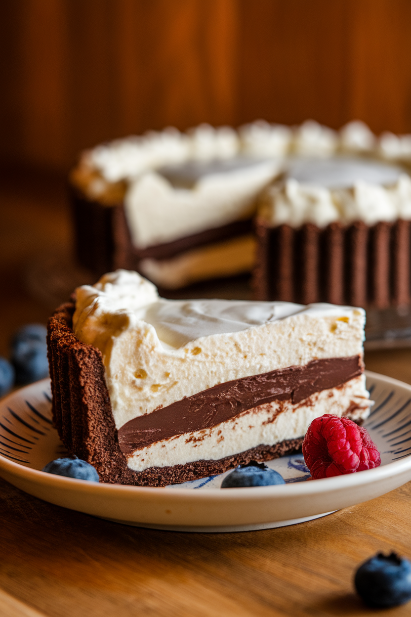 Indoor photo of a slice of icebox pie with a chocolate cookie crust, dark chocolate layer, and fluffy vanilla topping. No text or logos.