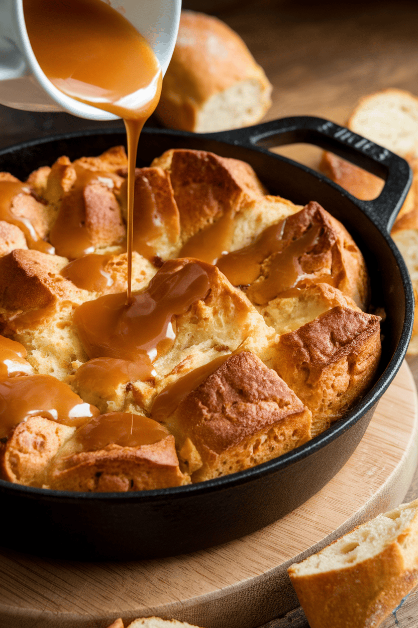 Indoor photo of a rustic bread pudding drizzled with maple glaze in a cast-iron pan, no text or logos