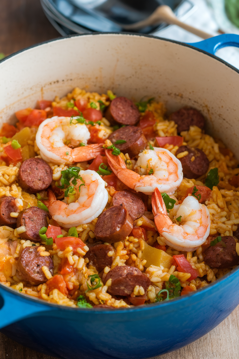 Indoor photo of a Dutch oven filled with jambalaya—rice, andouille sausage, shrimp, and diced tomatoes—no text or logos. Photo only.