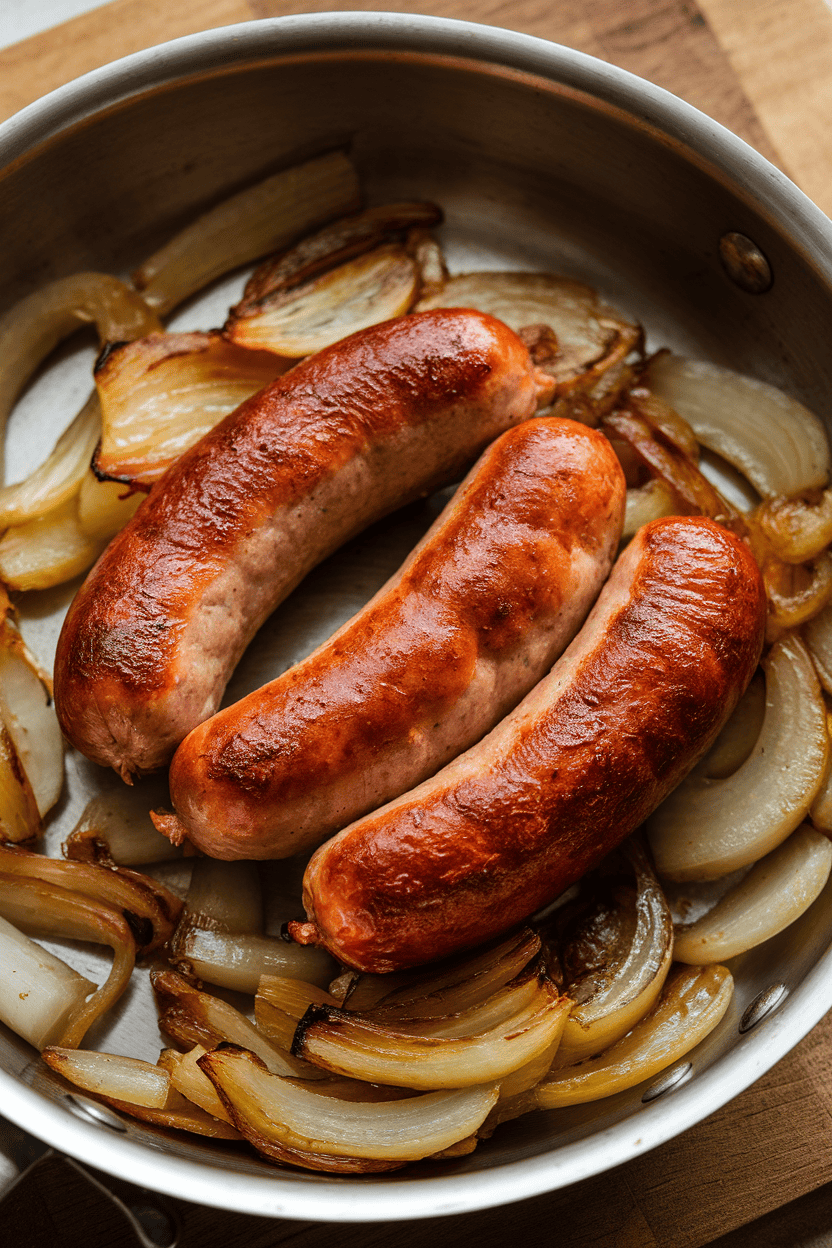 Indoor photo of browned bratwursts nestled beside soft caramelized onions in a skillet; no text or logos in sight.