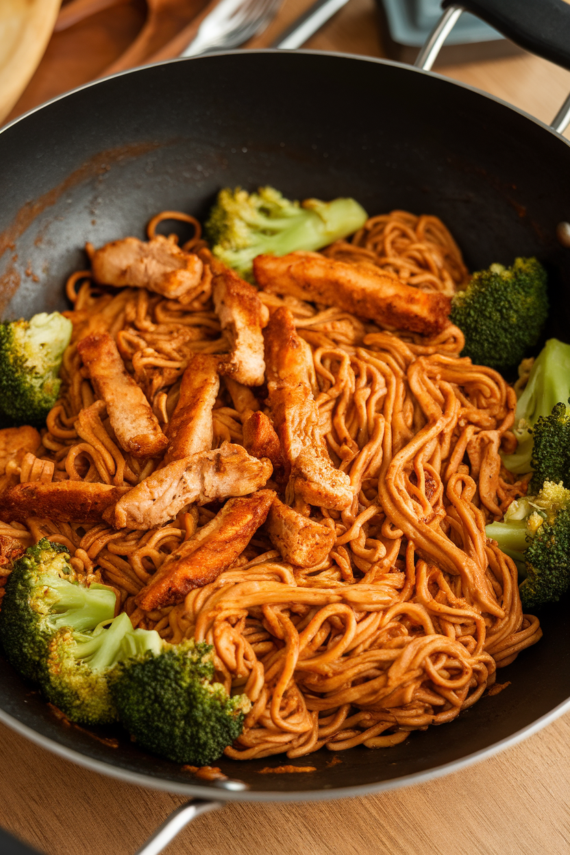 Indoor photo of a wok full of noodles coated in peanut sauce with chicken strips and broccoli, no text or logos. Photo only.