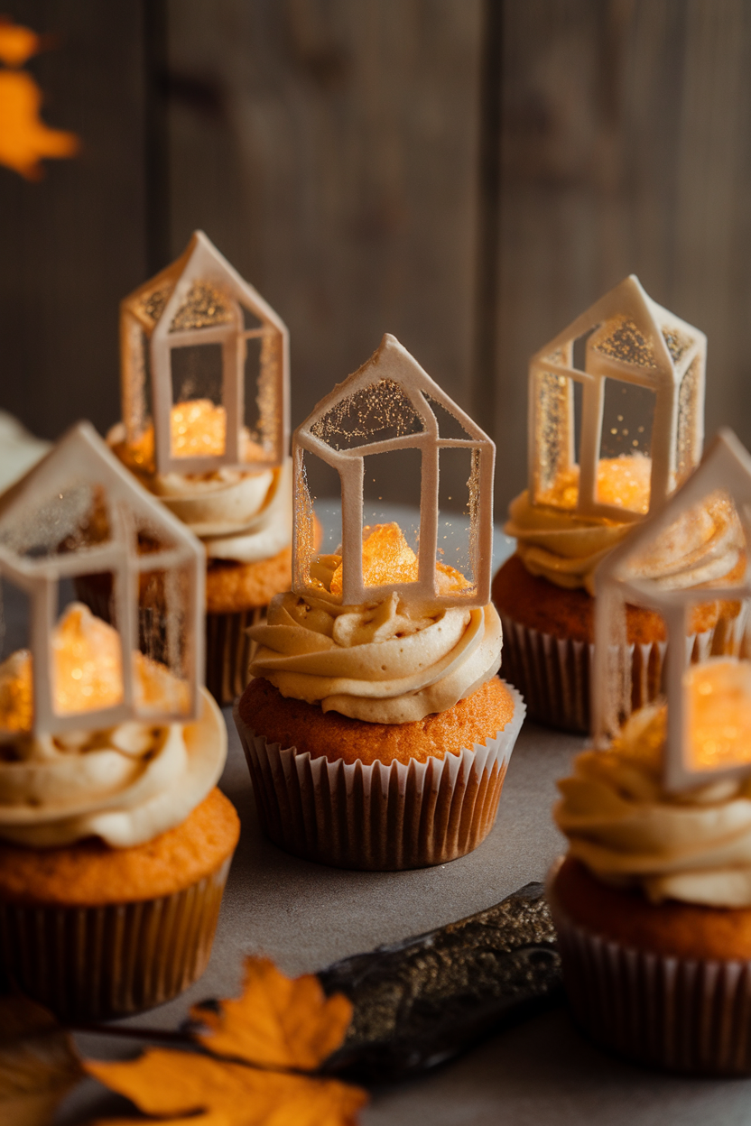 Indoor autumn tabletop with orange-spiced cupcakes topped by cardamom buttercream and small fondant lantern cutouts glowing with edible gold dust, no text or logos.