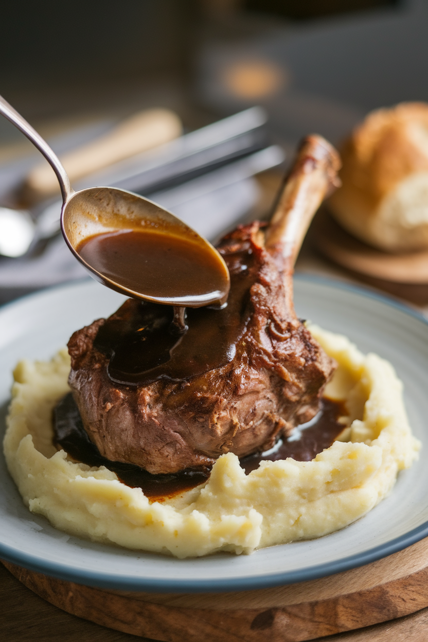 Indoor photo of braised lamb shank on mashed potatoes, dark stout gravy spooned over, no text or logos. Photograph, not illustration.