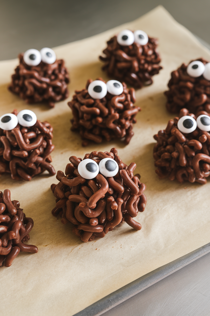 Photo of chocolate chow-mein noodle haystack clusters with candy eyes peeking out, on parchment inside a kitchen, no logos or text.