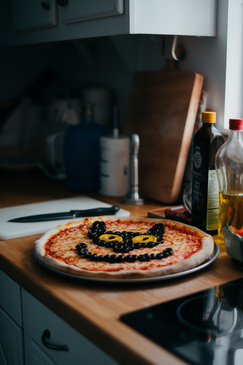 A dimly lit kitchen counter displaying a pizza whose surface is covered in sliced black olives arranged to form a cat silhouette with yellow bell-pepper “eyes.” Photo only, no text or logos.