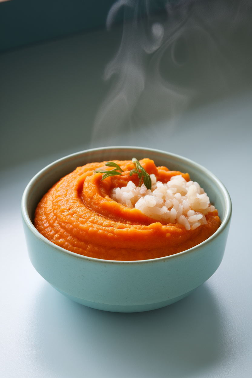 Indoor baby-blue bowl of velvety carrot and rice purée, steam subtle in the background. No text or logos; photo only.