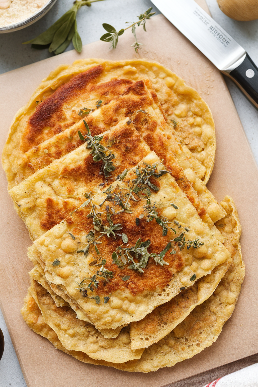 Indoor cutting board with golden slices of chickpea socca, a sprinkle of herbs on top. No text or logos.