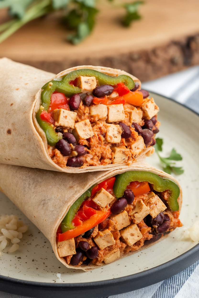 Photo of a sliced indoor burrito revealing seasoned tofu crumbles, black beans, sautéed peppers, and salsa, resting on a plate. No text or logos.