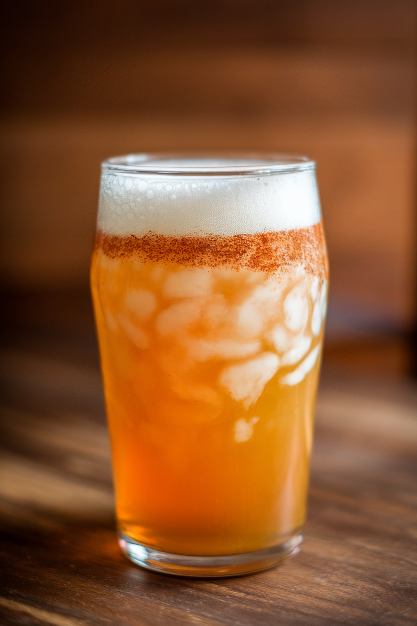 Photo of a pint glass indoors, hazy orange spiced pumpkin shandy with foamy head, cinnamon-sugar rim. No text or logos anywhere.