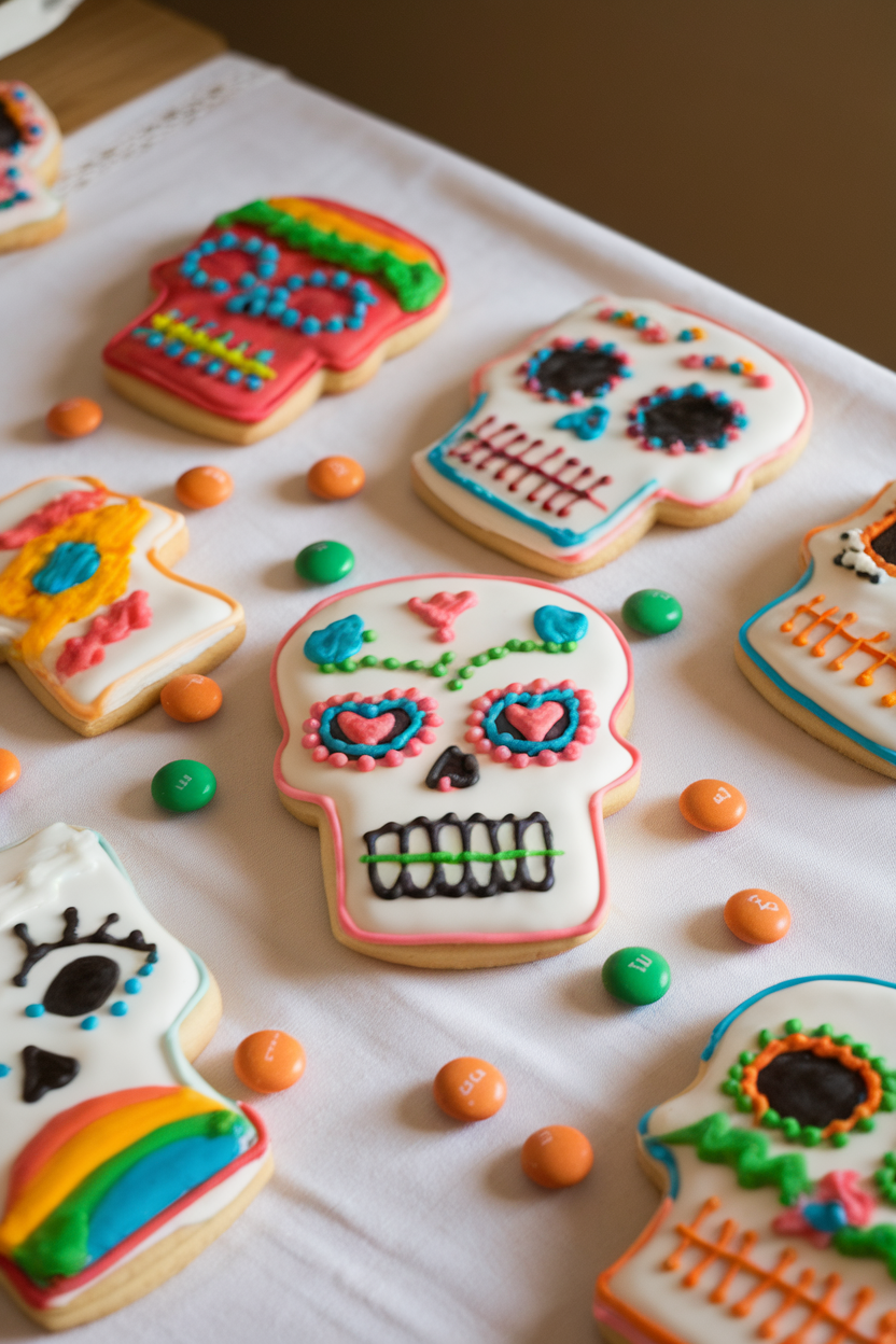 Photo of brightly iced skull-shaped sugar cookies with colorful decorative patterns, indoor kitchen table, no text or logos.