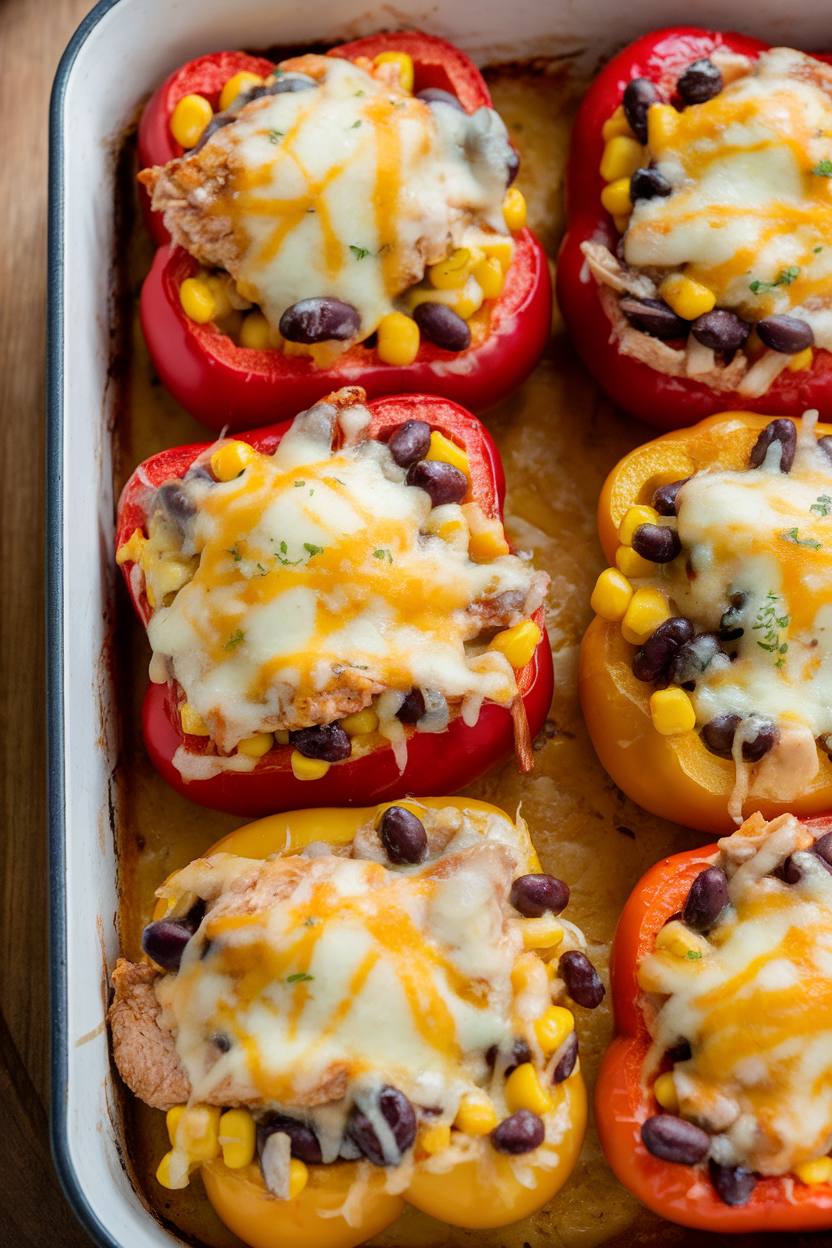 An indoor casserole dish with bell peppers filled with chicken, black beans, and corn, cheese melted on top. No text or logos, photo style.