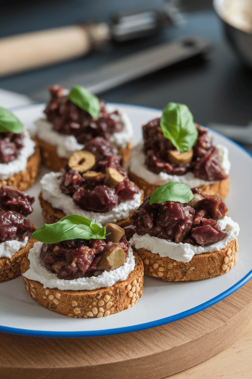 Indoor plate of small whole-grain toast rounds topped with creamy ricotta and spoonfuls of eggplant caponata. No logos.