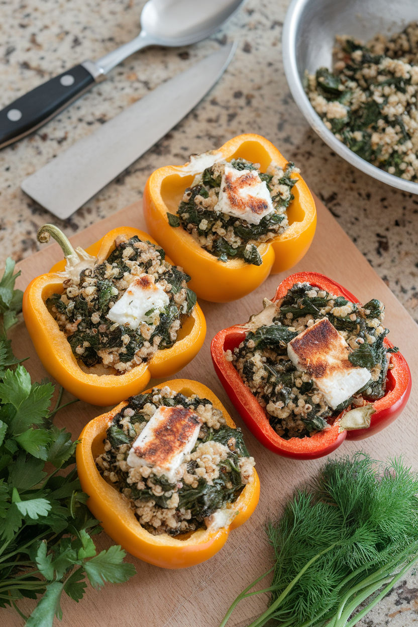 An indoor countertop photo of halved bell peppers filled with spinach, feta, and quinoa, lightly browned on top, no text or logos.