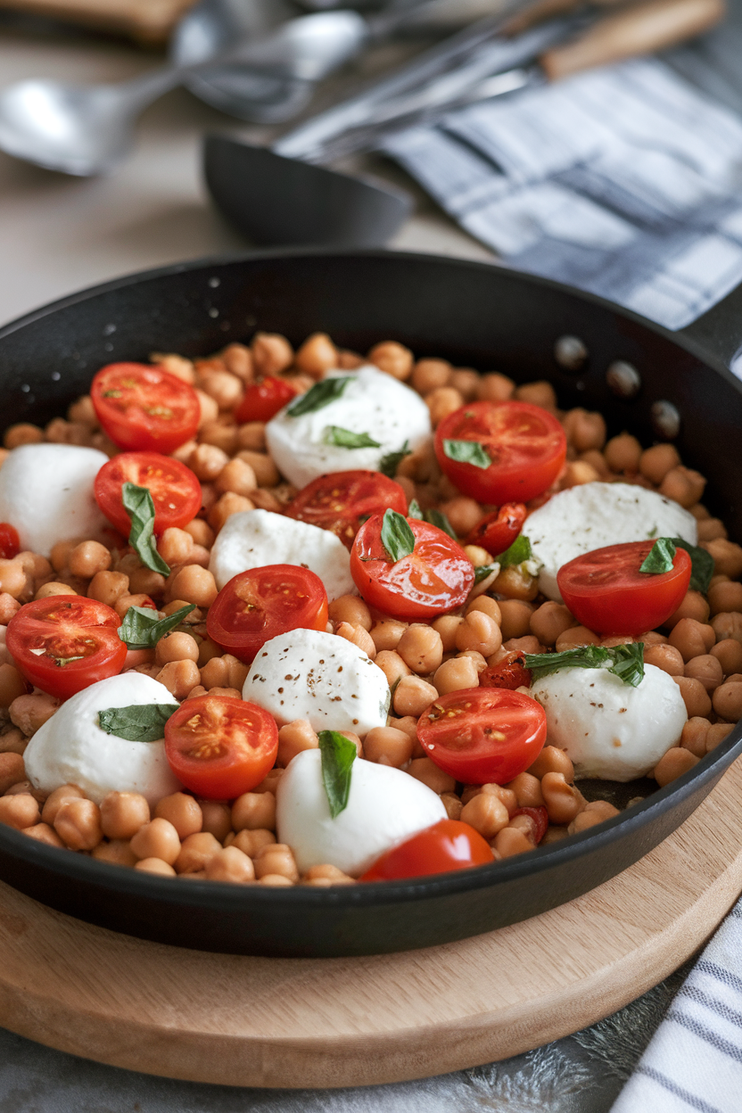 An indoor skillet filled with cooked chickpeas, melted mozzarella pearls, and halved cherry tomatoes, finished with basil ribbons. No text or logos; photography only.