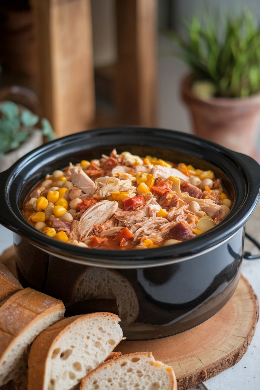 Indoor crock bowl filled with hearty Brunswick stew loaded with shredded chicken, pulled pork, corn, and lima beans, no text or logos. Photo.