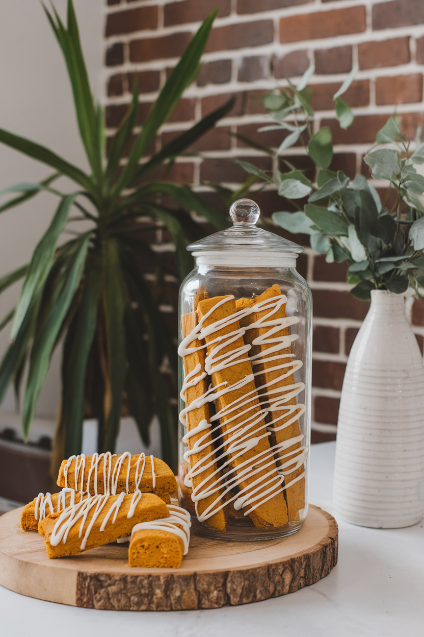 Indoor coffee bar scene with tall glass jar of pumpkin biscotti drizzled with white chocolate. No text or logos. Photo only.