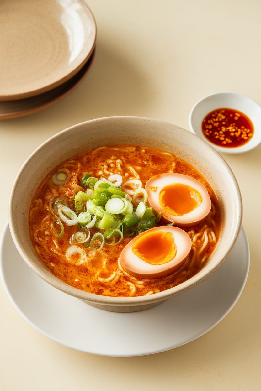 Indoor bowl of instant ramen broth with chili oil, sliced scallions, and a halved soft-boiled egg floating on top. No text or logos.