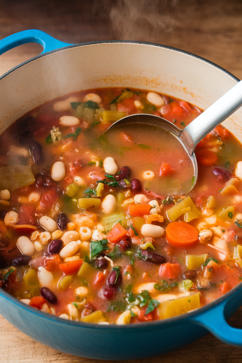 Indoor photo of a colorful minestrone soup in a Dutch oven with ladle, steam visible; no text or logos