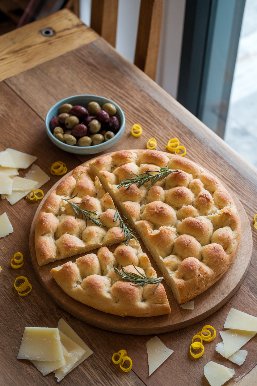 An indoor dining table featuring irregular chunks of rosemary focaccia, a shallow bowl of mixed olives, shaved parmesan shards, and lemon zest curls scattered about. No text or logos. Photo only.