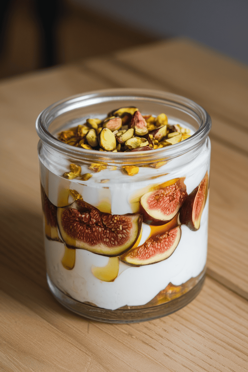 A clear glass jar photographed indoors, layered with Greek yogurt, sliced figs, a drizzle of honey, and chopped pistachios on top. No text or logos visible.