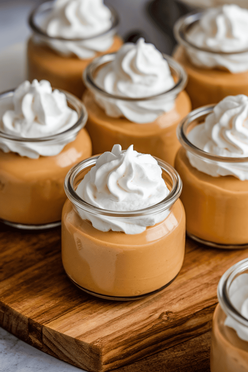 Indoor photo of small glass jars filled with silky butterscotch pudding, whipped cream swirl on top, no text or logos