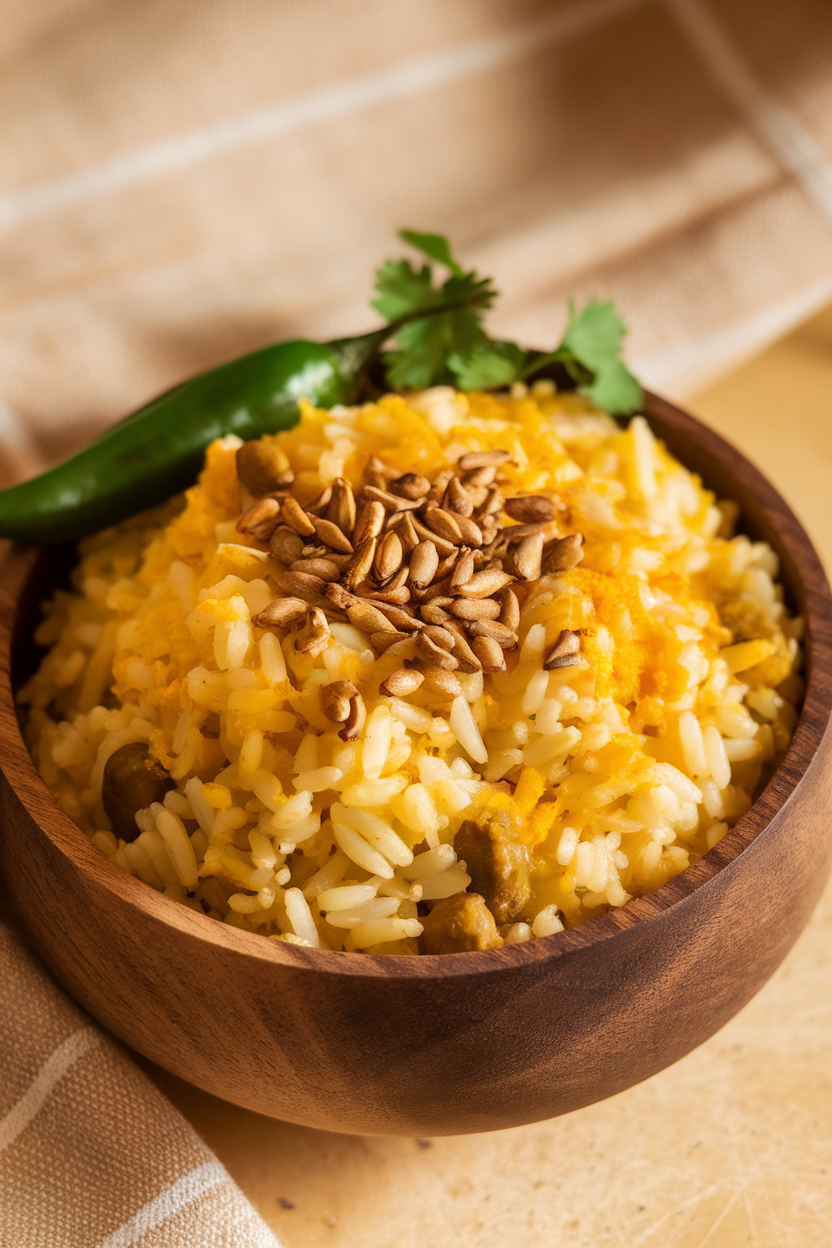 Indoor photo of a comforting bowl of khichdi—soft rice and lentils infused with turmeric, topped with ghee and fried cumin seeds. No logos or text.
