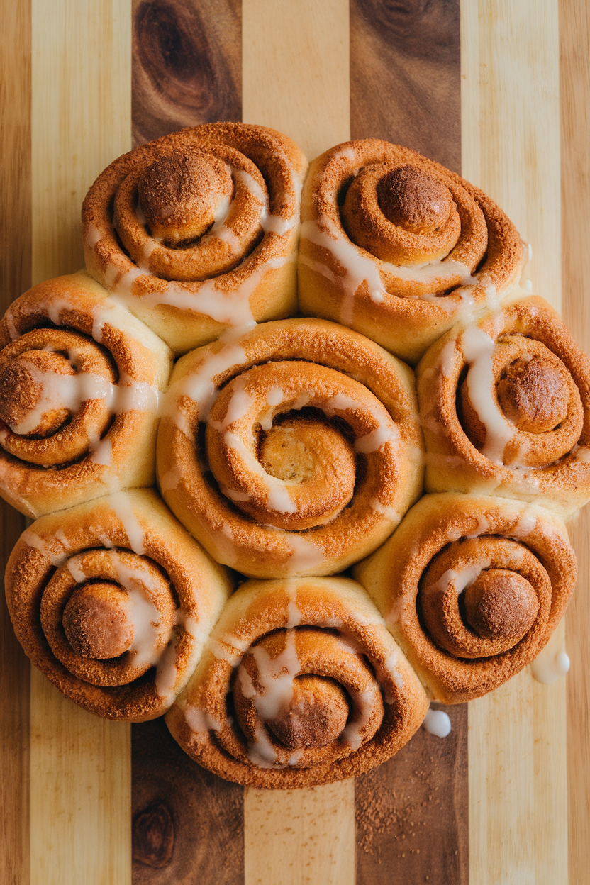 Indoor breadboard with a ring of golden pull-apart pumpkin spice rolls, icing drizzled lightly. No text or logos.