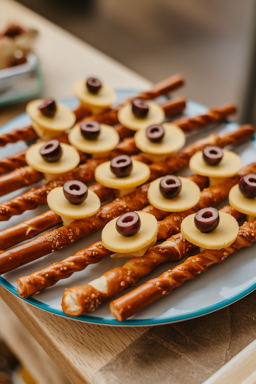 Photo of pretzel rods topped with cheese rounds and olive pupils, laid on an indoor plate. No text or logos.