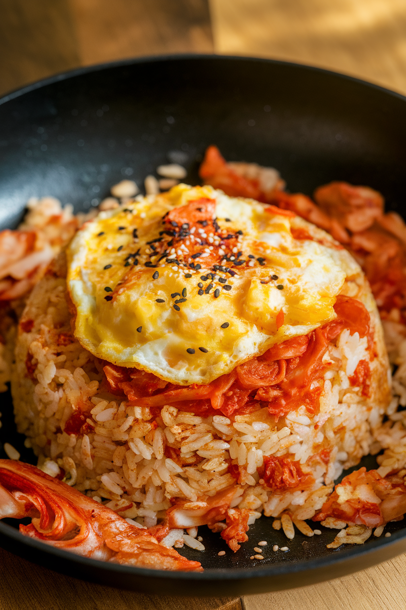 Indoor wok photo of sizzling fried rice mixed with kimchi and topped with soft scrambled eggs, sesame seeds sprinkled over. No text or logos.