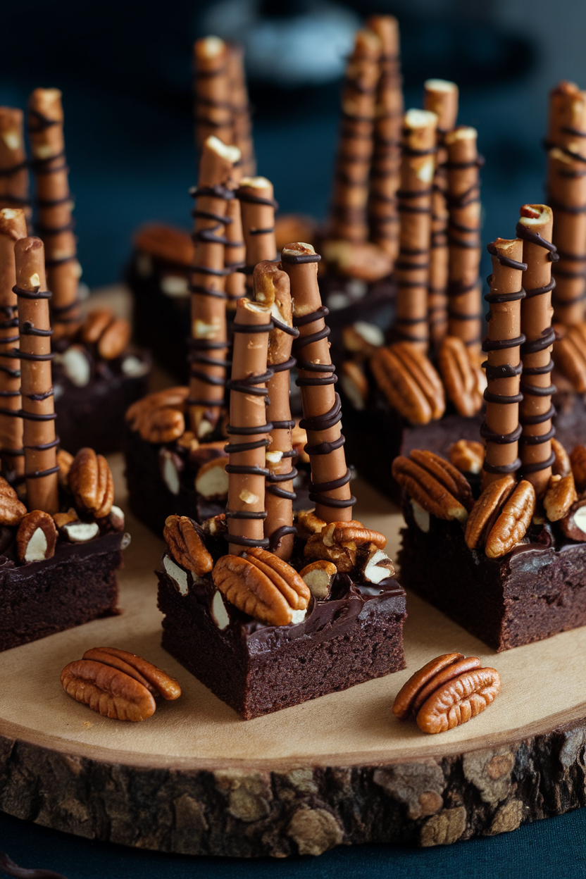 Indoor photo of brownies topped with upright chocolate-dipped pretzel “trees” and candied pecans, evoking a spooky forest; no text or logos