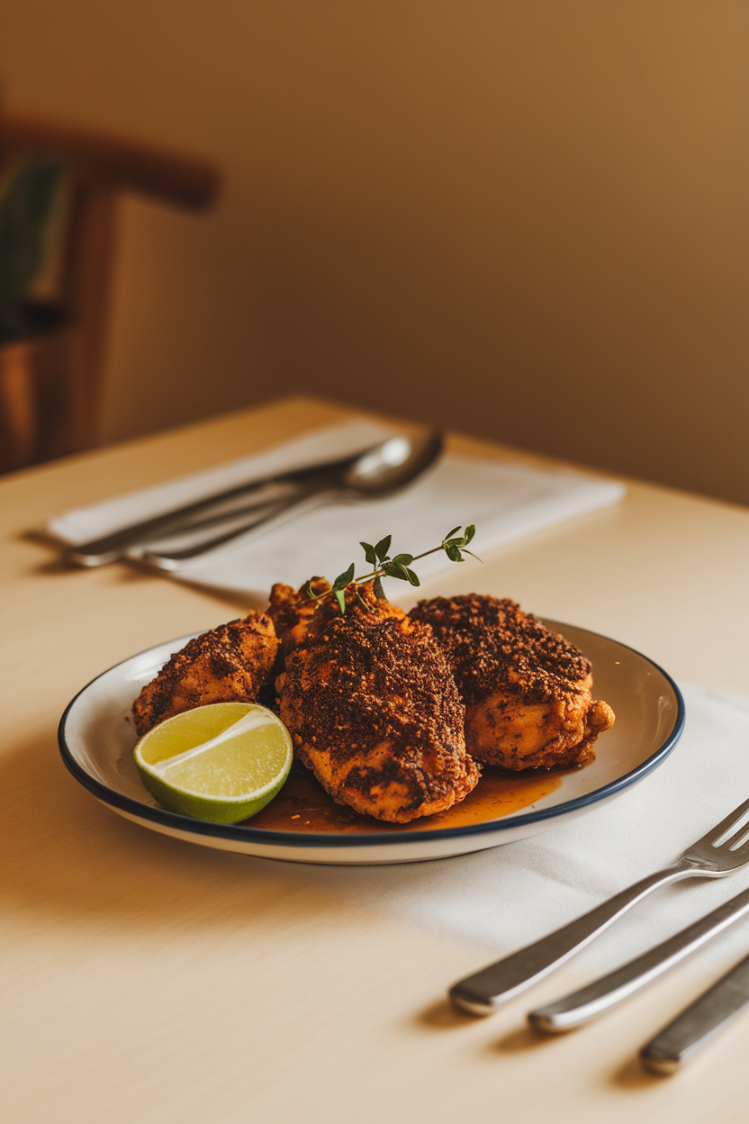 Warm indoor table with fried chicken breasts coated in dark jerk spices, lime wedge and thyme sprig garnish, photo only, no text or logos