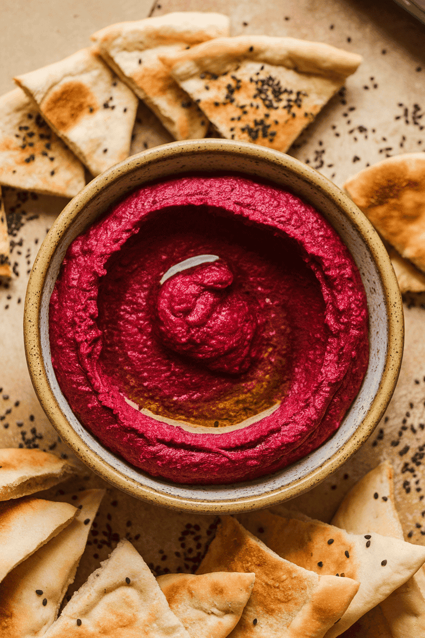 An indoor sideboard shot of a rustic bowl filled with deep red beet hummus, olive oil glistening on top, served with pita triangles and black sesame seeds scattered around. Photo, no text or logos.