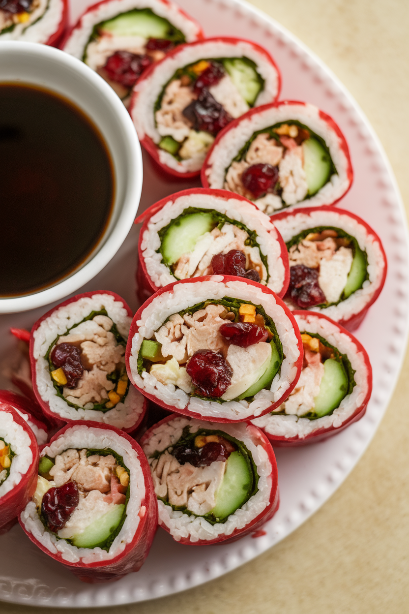 Indoor party spread showing nori-less rice rolls filled with turkey, cucumber, and cranberry relish, sliced and arranged on a platter with soy-ginger dip. No text or logos. Photo only.