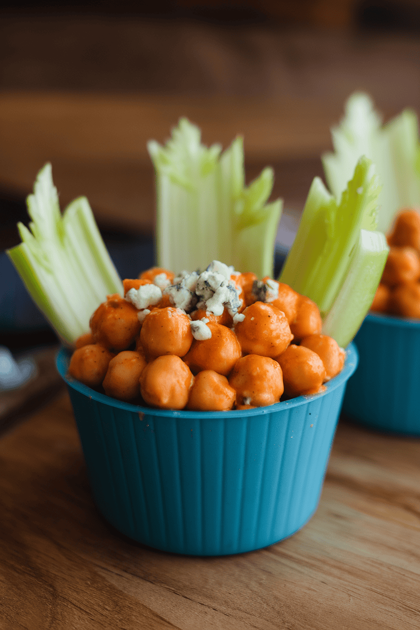Indoor tabletop photo of buffalo-sauced chickpeas in a silicone cup with celery stalks cut into boats, small sprinkle of blue cheese; no text or logos.