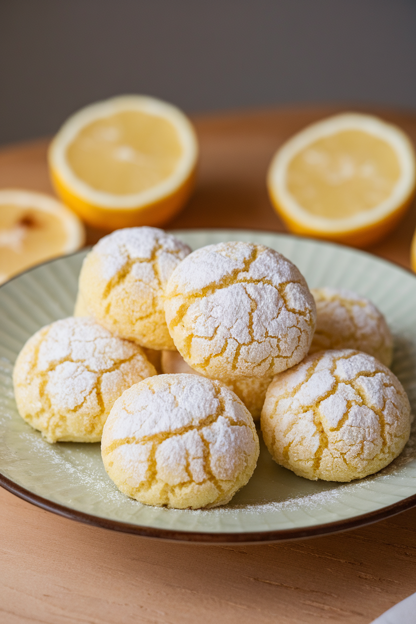 Photo of round pale yellow cookies dusted with powdered sugar on an indoor plate, lemon slices blurred in background; no text or logos.