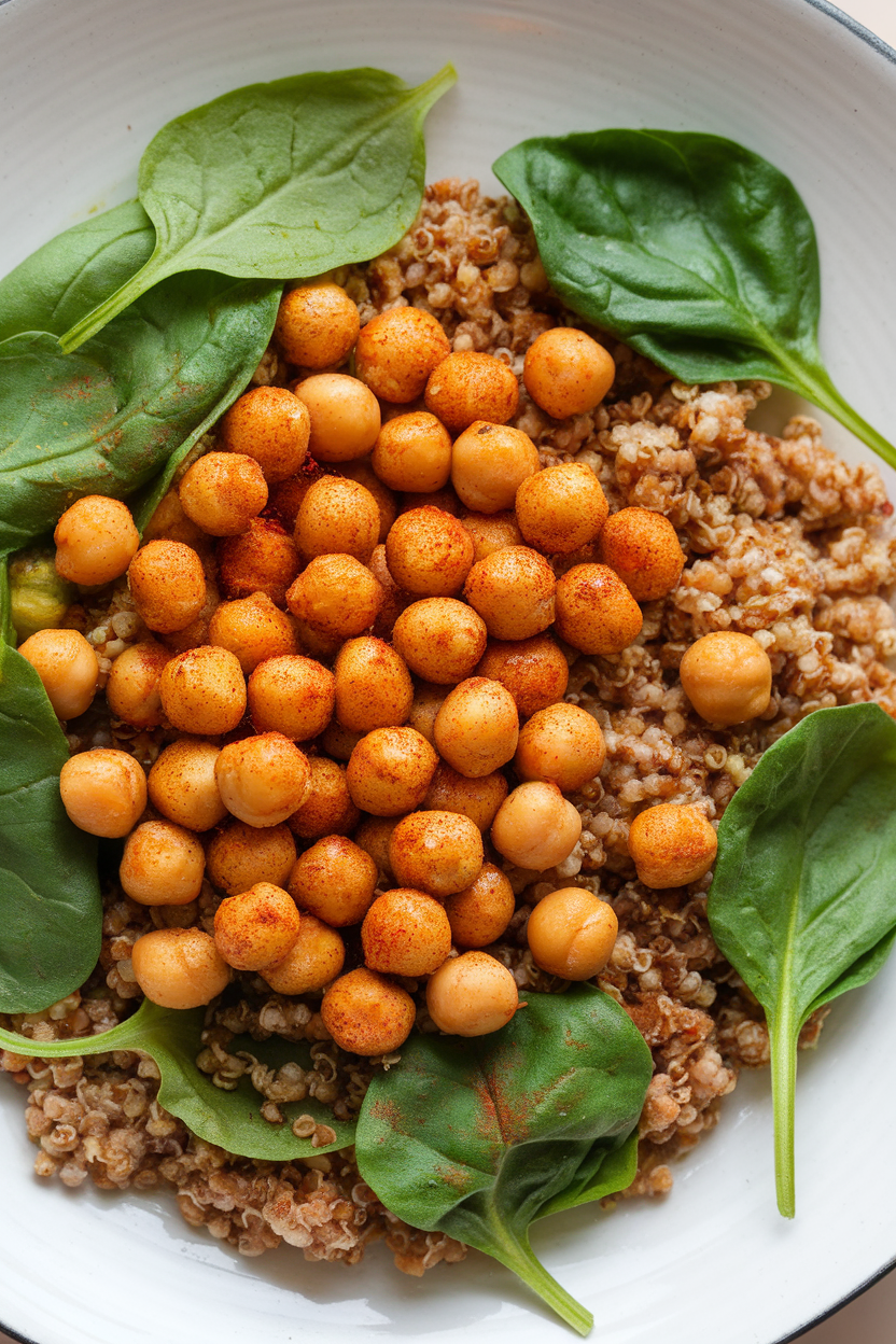 Indoor shot of paprika-dusty roasted chickpeas on quinoa and baby spinach leaves; no text or logos.