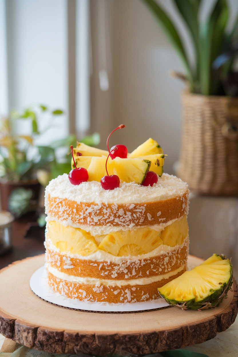 A tropical-themed layer cake indoors with pineapple filling, coconut frosting, and a light dusting of toasted coconut flakes on top. Photo only, no text or logos.