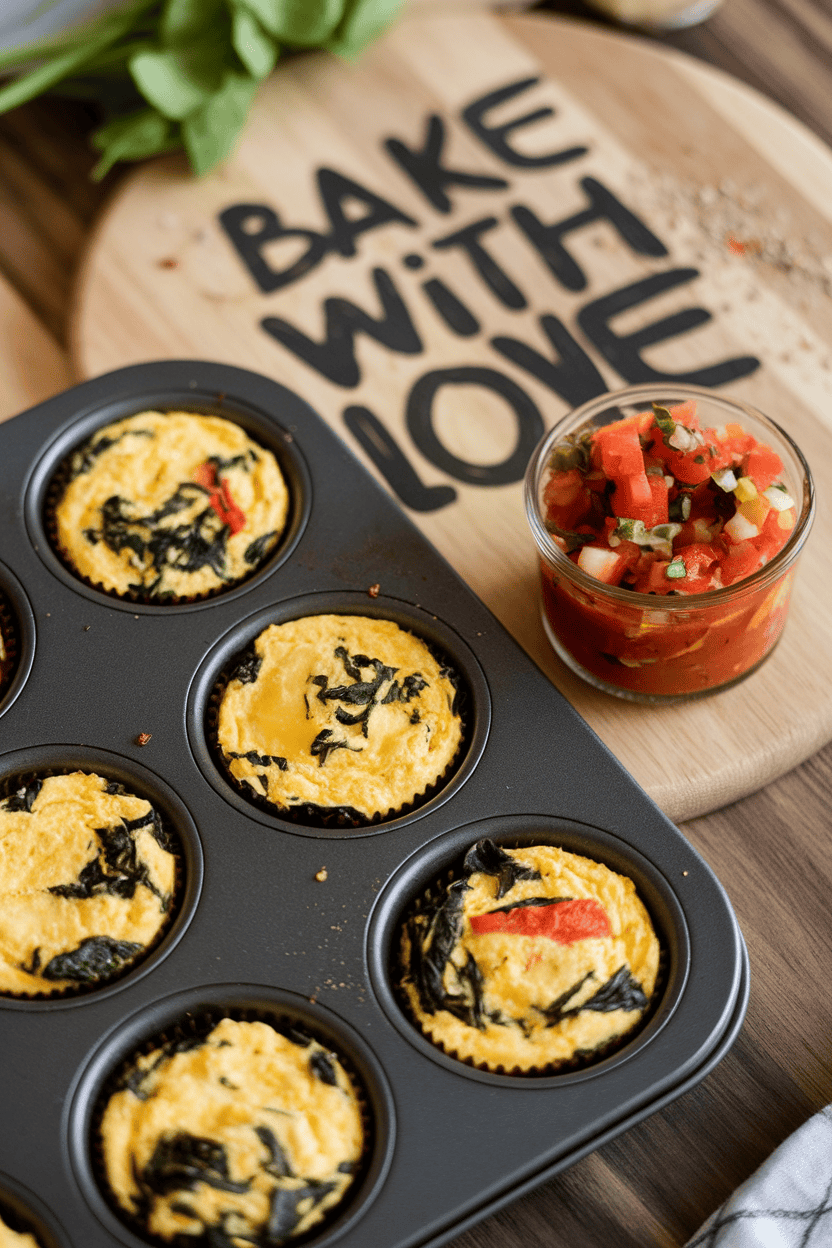 Warm indoor image of mini egg muffins dotted with spinach and red pepper, plus a small cup of chunky salsa; no text or logos.