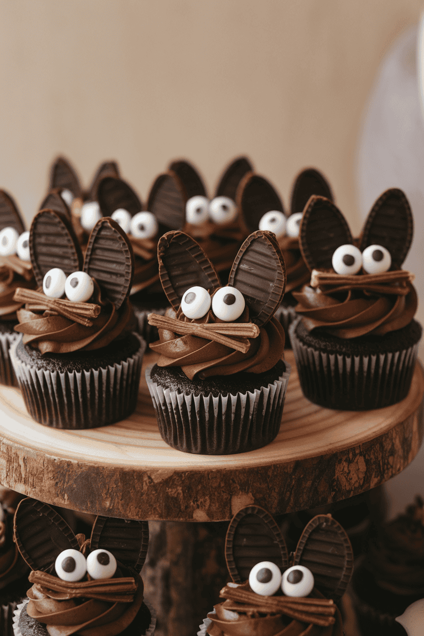 Indoor bakery-style display of chocolate cupcakes frosted in black cocoa icing, topped with candy eyes, licorice whiskers, and chocolate-wafer ears. No text or logos; photo.