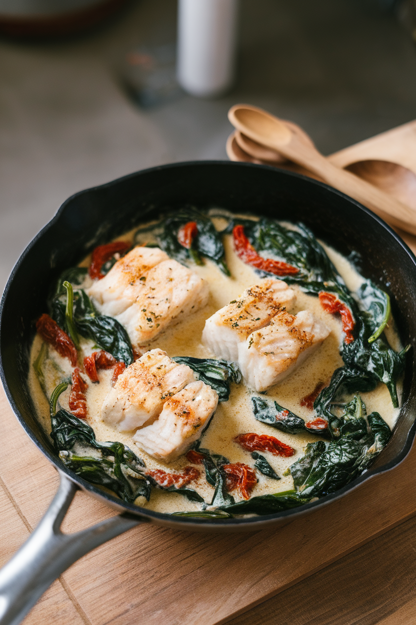 Indoor shot of a skillet filled with cod, wilted spinach, and sun-dried tomatoes in a creamy Parmesan sauce, soft overhead lighting. No text or logos.